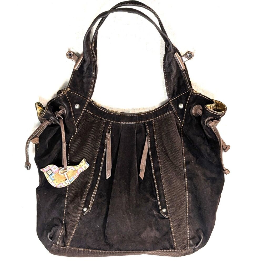Y2K Fossil Brown Corduroy & Velvet Hobo Bag Purse w/ Floral Lining